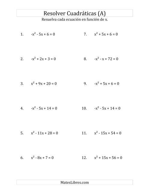 La hoja de ejercicios de Resolver Ecuaciones Cuadráticas Iguales a Cero, con Coeficientes Principales entre -1 y 1 (A)