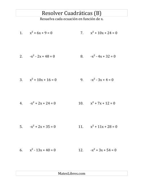 La hoja de ejercicios de Resolver Ecuaciones Cuadráticas Iguales a Cero, con Coeficientes Principales entre -1 y 1 (B)