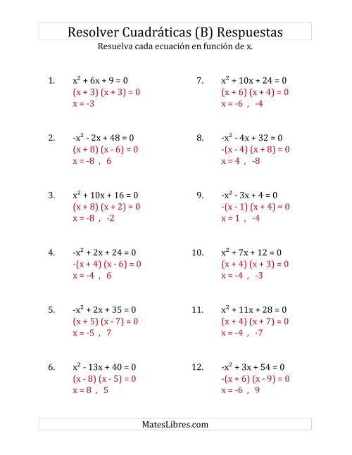 La hoja de ejercicios de Resolver Ecuaciones Cuadráticas Iguales a Cero, con Coeficientes Principales entre -1 y 1 (B) Página 2