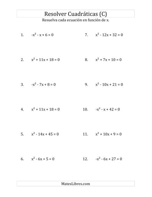 La hoja de ejercicios de Resolver Ecuaciones Cuadráticas Iguales a Cero, con Coeficientes Principales entre -1 y 1 (C)