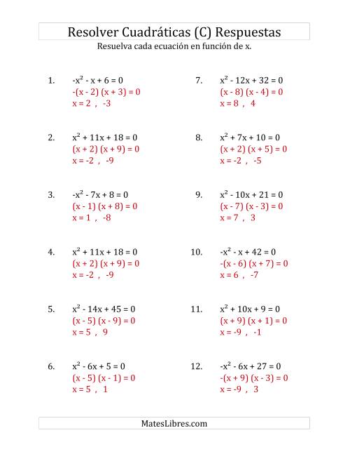 La hoja de ejercicios de Resolver Ecuaciones Cuadráticas Iguales a Cero, con Coeficientes Principales entre -1 y 1 (C) Página 2