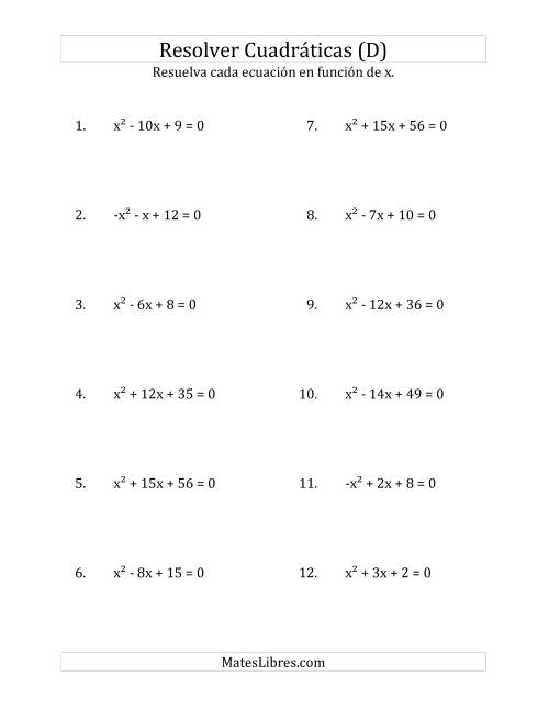 La hoja de ejercicios de Resolver Ecuaciones Cuadráticas Iguales a Cero, con Coeficientes Principales entre -1 y 1 (D)