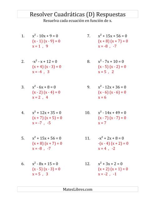 La hoja de ejercicios de Resolver Ecuaciones Cuadráticas Iguales a Cero, con Coeficientes Principales entre -1 y 1 (D) Página 2