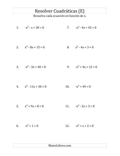 La hoja de ejercicios de Resolver Ecuaciones Cuadráticas Iguales a Cero, con Coeficientes Principales entre -1 y 1 (E)