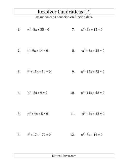 La hoja de ejercicios de Resolver Ecuaciones Cuadráticas Iguales a Cero, con Coeficientes Principales entre -1 y 1 (F)