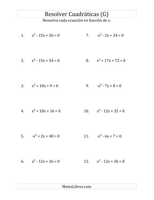 La hoja de ejercicios de Resolver Ecuaciones Cuadráticas Iguales a Cero, con Coeficientes Principales entre -1 y 1 (G)