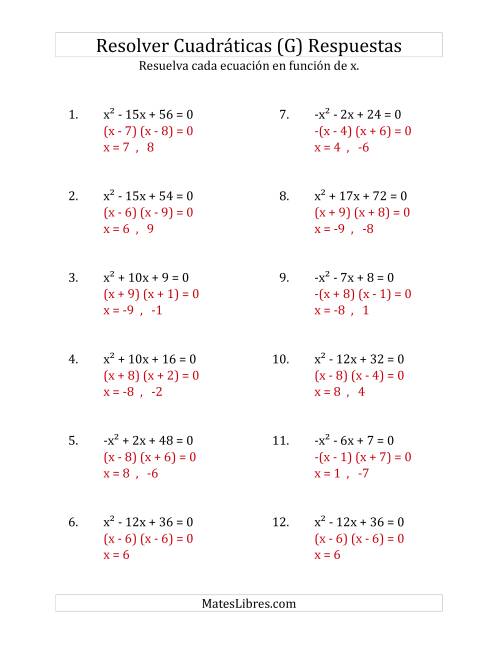 La hoja de ejercicios de Resolver Ecuaciones Cuadráticas Iguales a Cero, con Coeficientes Principales entre -1 y 1 (G) Página 2