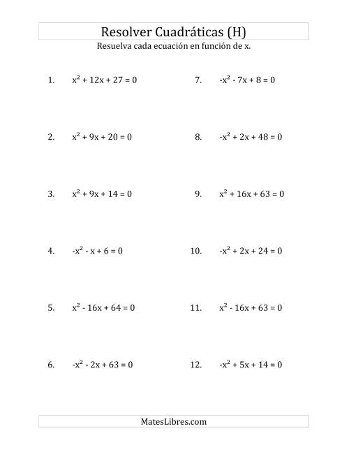 La hoja de ejercicios de Resolver Ecuaciones Cuadráticas Iguales a Cero, con Coeficientes Principales entre -1 y 1 (H)