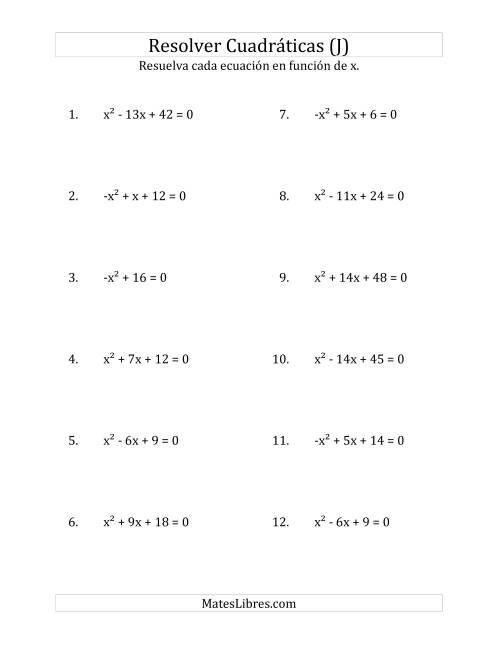 La hoja de ejercicios de Resolver Ecuaciones Cuadráticas Iguales a Cero, con Coeficientes Principales entre -1 y 1 (J)