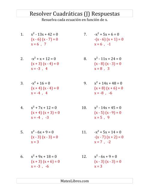 La hoja de ejercicios de Resolver Ecuaciones Cuadráticas Iguales a Cero, con Coeficientes Principales entre -1 y 1 (J) Página 2