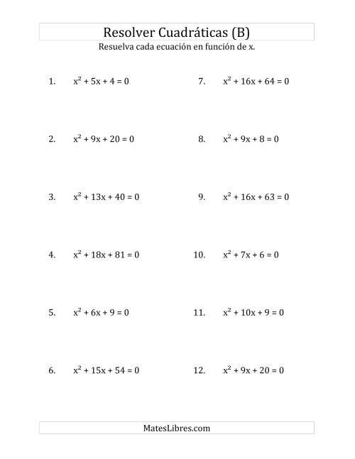 La hoja de ejercicios de Resolver Ecuaciones Cuadráticas Iguales a Cero, con Coeficientes Principales Iguales a 1 (B)