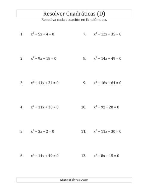 La hoja de ejercicios de Resolver Ecuaciones Cuadráticas Iguales a Cero, con Coeficientes Principales Iguales a 1 (D)