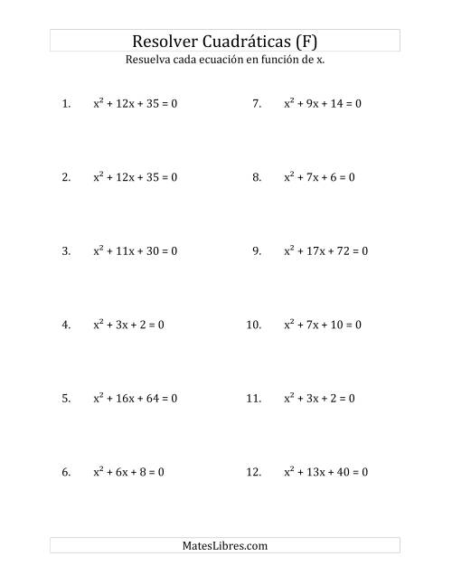 La hoja de ejercicios de Resolver Ecuaciones Cuadráticas Iguales a Cero, con Coeficientes Principales Iguales a 1 (F)