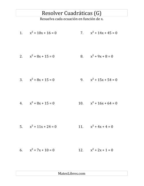 La hoja de ejercicios de Resolver Ecuaciones Cuadráticas Iguales a Cero, con Coeficientes Principales Iguales a 1 (G)