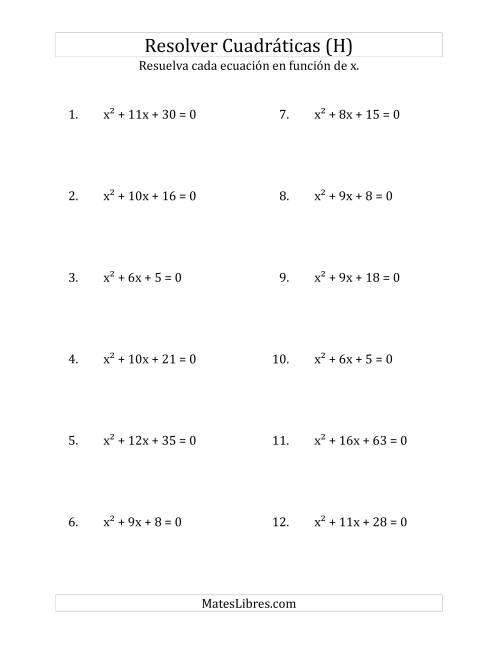 La hoja de ejercicios de Resolver Ecuaciones Cuadráticas Iguales a Cero, con Coeficientes Principales Iguales a 1 (H)