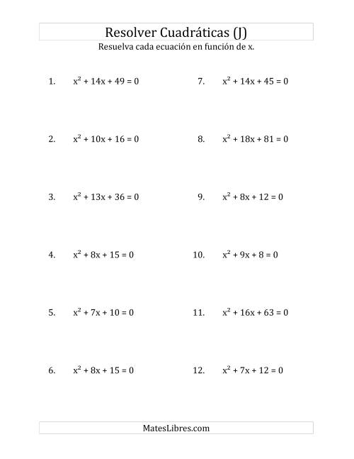 La hoja de ejercicios de Resolver Ecuaciones Cuadráticas Iguales a Cero, con Coeficientes Principales Iguales a 1 (J)