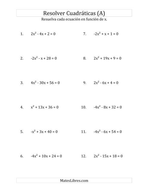 La hoja de ejercicios de Resolver Ecuaciones Cuadráticas Iguales a Cero, con Coeficientes Principales entre -4 y 4 (A)