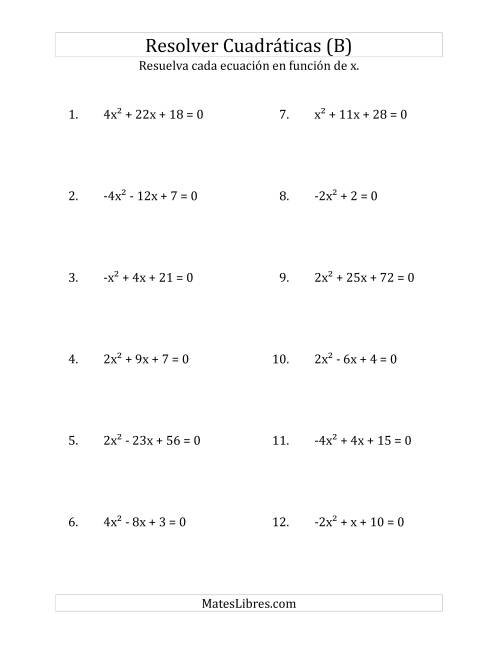 La hoja de ejercicios de Resolver Ecuaciones Cuadráticas Iguales a Cero, con Coeficientes Principales entre -4 y 4 (B)