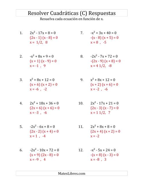 La hoja de ejercicios de Resolver Ecuaciones Cuadráticas Iguales a Cero, con Coeficientes Principales entre -4 y 4 (C) Página 2