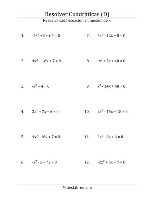 La hoja de ejercicios de Resolver Ecuaciones Cuadráticas Iguales a Cero, con Coeficientes Principales entre -4 y 4 (D)