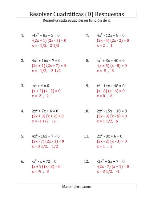 La hoja de ejercicios de Resolver Ecuaciones Cuadráticas Iguales a Cero, con Coeficientes Principales entre -4 y 4 (D) Página 2