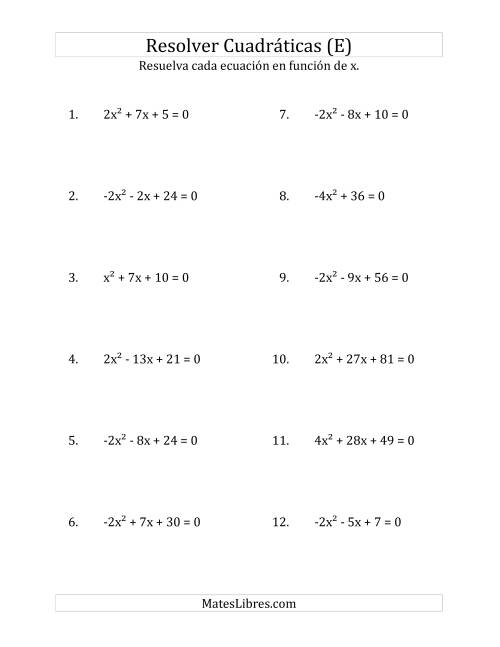 La hoja de ejercicios de Resolver Ecuaciones Cuadráticas Iguales a Cero, con Coeficientes Principales entre -4 y 4 (E)
