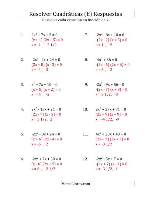 La hoja de ejercicios de Resolver Ecuaciones Cuadráticas Iguales a Cero, con Coeficientes Principales entre -4 y 4 (E) Página 2