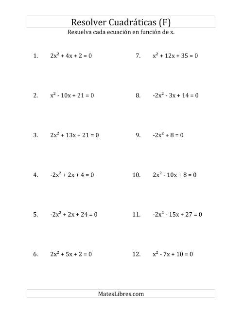 La hoja de ejercicios de Resolver Ecuaciones Cuadráticas Iguales a Cero, con Coeficientes Principales entre -4 y 4 (F)