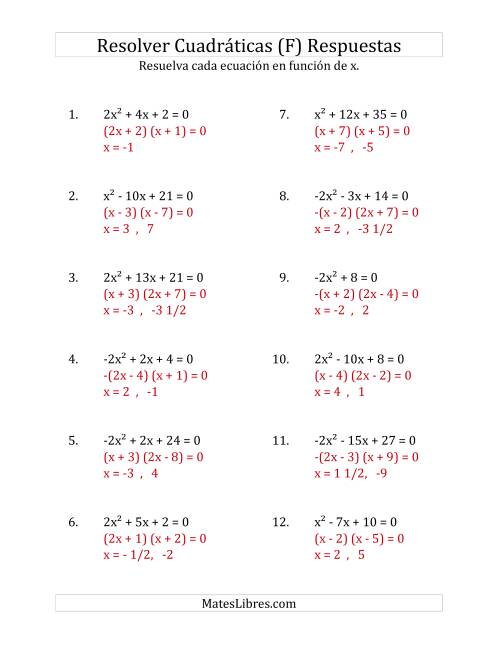 La hoja de ejercicios de Resolver Ecuaciones Cuadráticas Iguales a Cero, con Coeficientes Principales entre -4 y 4 (F) Página 2