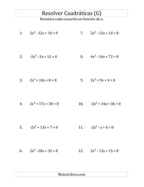 La hoja de ejercicios de Resolver Ecuaciones Cuadráticas Iguales a Cero, con Coeficientes Principales entre -4 y 4 (G)