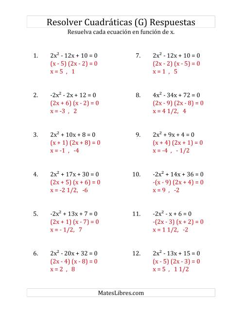 La hoja de ejercicios de Resolver Ecuaciones Cuadráticas Iguales a Cero, con Coeficientes Principales entre -4 y 4 (G) Página 2