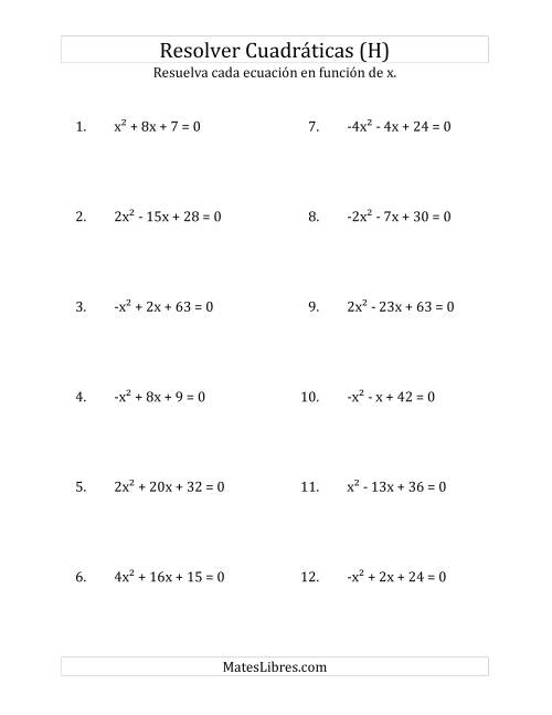 La hoja de ejercicios de Resolver Ecuaciones Cuadráticas Iguales a Cero, con Coeficientes Principales entre -4 y 4 (H)