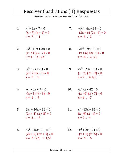 La hoja de ejercicios de Resolver Ecuaciones Cuadráticas Iguales a Cero, con Coeficientes Principales entre -4 y 4 (H) Página 2