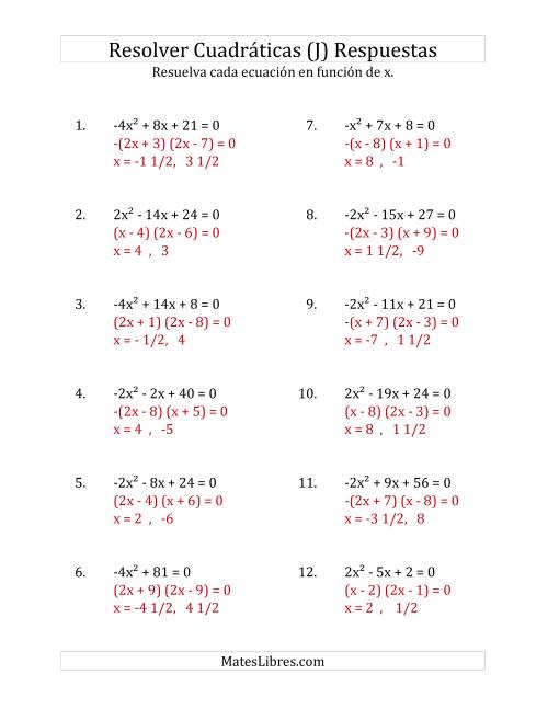 La hoja de ejercicios de Resolver Ecuaciones Cuadráticas Iguales a Cero, con Coeficientes Principales entre -4 y 4 (J) Página 2