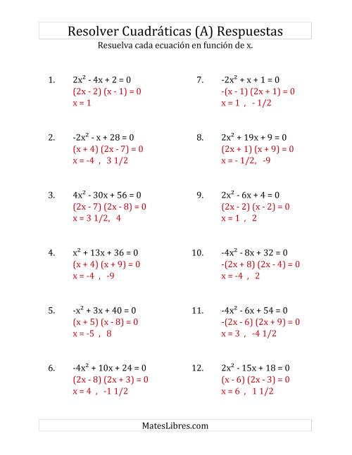 La hoja de ejercicios de Resolver Ecuaciones Cuadráticas Iguales a Cero, con Coeficientes Principales entre -4 y 4 (Todas) Página 2