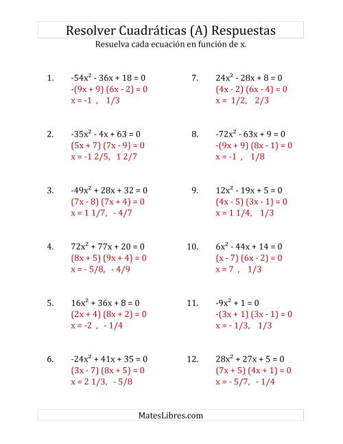 La hoja de ejercicios de Resolver Ecuaciones Cuadráticas Iguales a Cero, con Coeficientes Principales entre -81 y 81 (A) Página 2