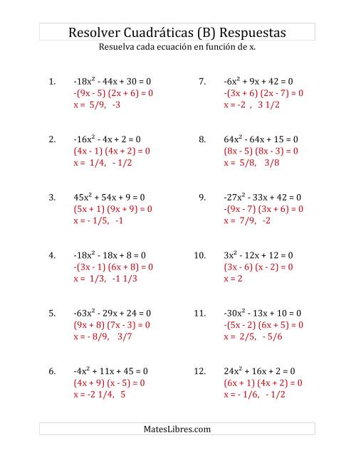 La hoja de ejercicios de Resolver Ecuaciones Cuadráticas Iguales a Cero, con Coeficientes Principales entre -81 y 81 (B) Página 2