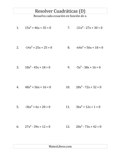 La hoja de ejercicios de Resolver Ecuaciones Cuadráticas Iguales a Cero, con Coeficientes Principales entre -81 y 81 (D)