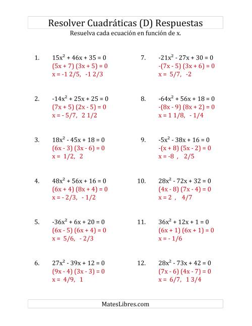 La hoja de ejercicios de Resolver Ecuaciones Cuadráticas Iguales a Cero, con Coeficientes Principales entre -81 y 81 (D) Página 2
