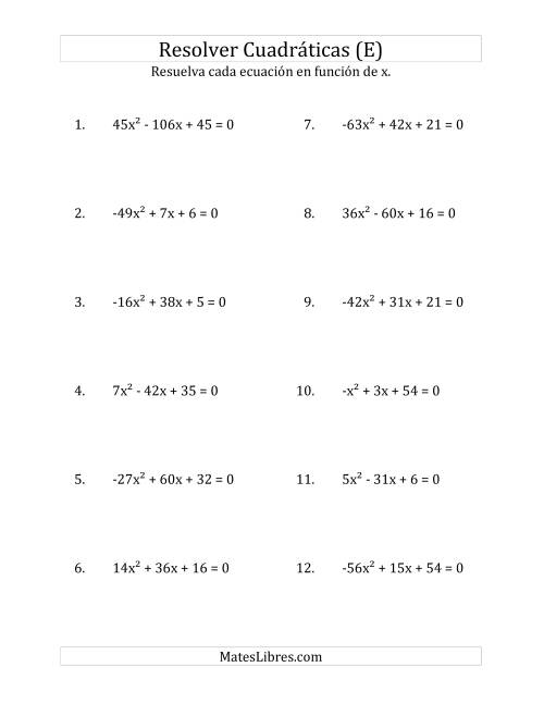 La hoja de ejercicios de Resolver Ecuaciones Cuadráticas Iguales a Cero, con Coeficientes Principales entre -81 y 81 (E)