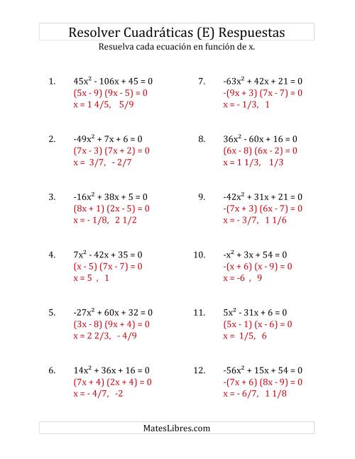 La hoja de ejercicios de Resolver Ecuaciones Cuadráticas Iguales a Cero, con Coeficientes Principales entre -81 y 81 (E) Página 2