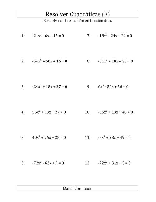 La hoja de ejercicios de Resolver Ecuaciones Cuadráticas Iguales a Cero, con Coeficientes Principales entre -81 y 81 (F)