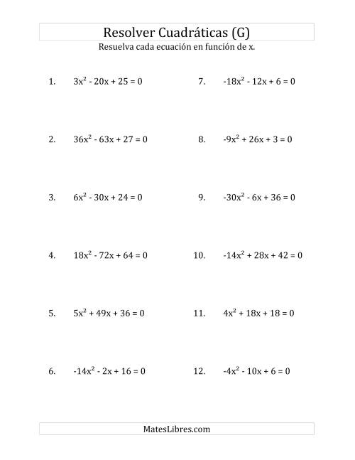 La hoja de ejercicios de Resolver Ecuaciones Cuadráticas Iguales a Cero, con Coeficientes Principales entre -81 y 81 (G)