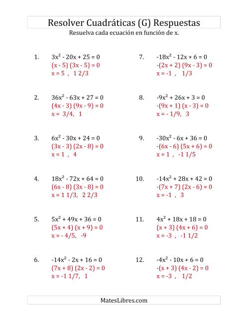 La hoja de ejercicios de Resolver Ecuaciones Cuadráticas Iguales a Cero, con Coeficientes Principales entre -81 y 81 (G) Página 2