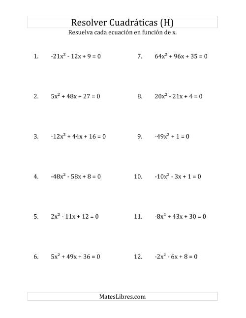 La hoja de ejercicios de Resolver Ecuaciones Cuadráticas Iguales a Cero, con Coeficientes Principales entre -81 y 81 (H)