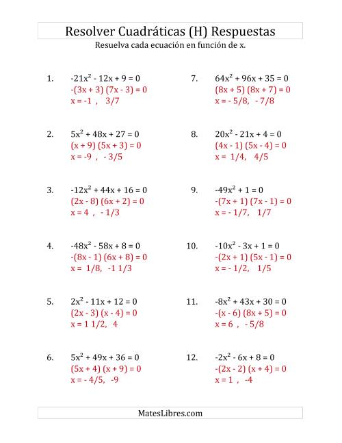 La hoja de ejercicios de Resolver Ecuaciones Cuadráticas Iguales a Cero, con Coeficientes Principales entre -81 y 81 (H) Página 2