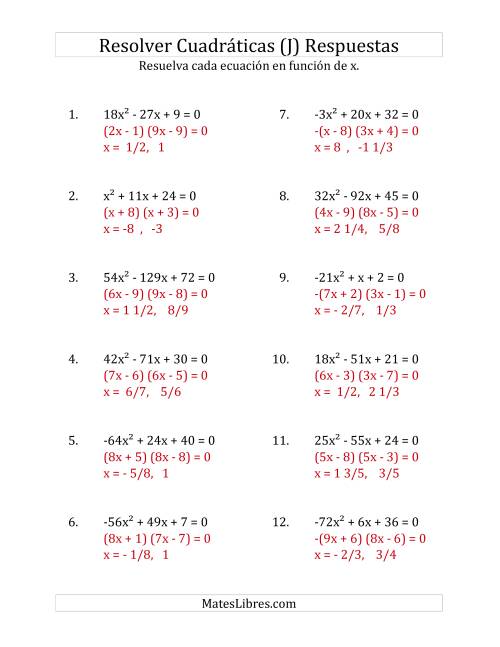 La hoja de ejercicios de Resolver Ecuaciones Cuadráticas Iguales a Cero, con Coeficientes Principales entre -81 y 81 (J) Página 2