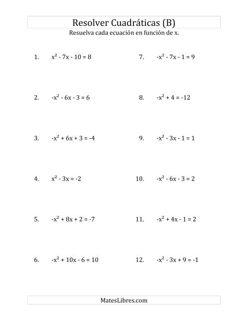 La hoja de ejercicios de Resolver Ecuaciones Cuadráticas Iguales a Un Número Entero, con Coeficientes Principales entre -1 y 1 (B)