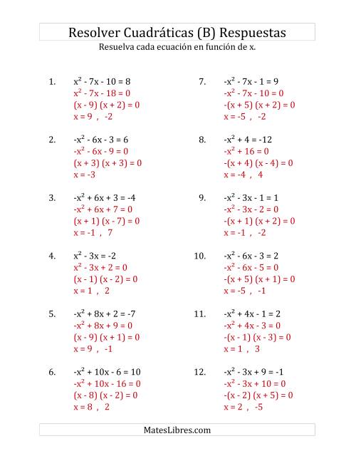 La hoja de ejercicios de Resolver Ecuaciones Cuadráticas Iguales a Un Número Entero, con Coeficientes Principales entre -1 y 1 (B) Página 2