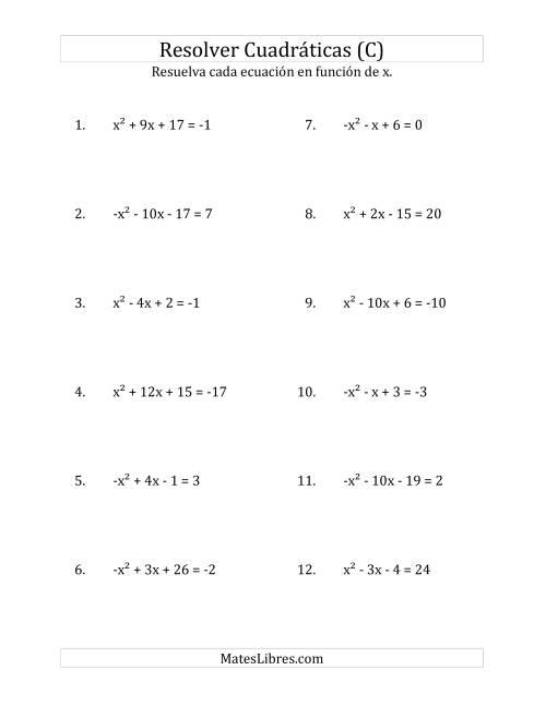 La hoja de ejercicios de Resolver Ecuaciones Cuadráticas Iguales a Un Número Entero, con Coeficientes Principales entre -1 y 1 (C)